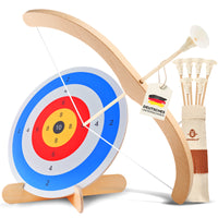 Wooden kids bow and arrow play set with suction cup arrows, quiver & target
