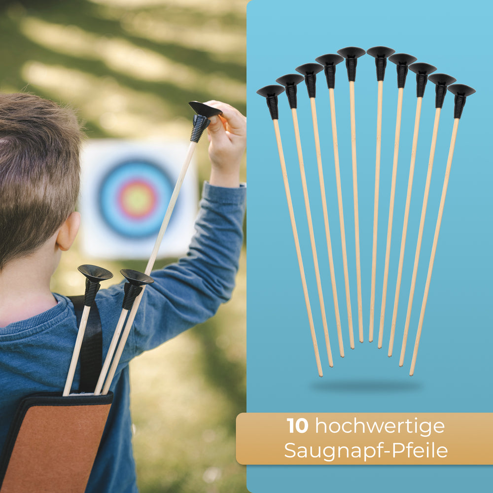 Set of 10 wooden arrows with suction cup, 42cm
